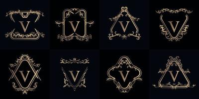 verzameling van logo initial v met luxe ornament of bloemframe vector