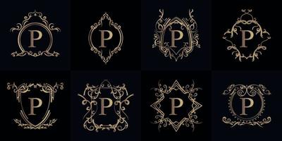 verzameling van logo initial p met luxe ornament of bloemframe vector