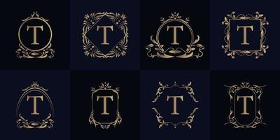 logo eerste t met luxe ornament of bloemframe, set collectie. vector