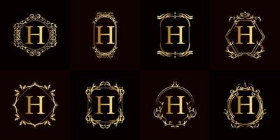 logo eerste h met luxe ornament of bloemframe, set collectie. vector