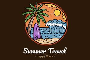 zomertijd badges met zonsondergang en golf kokospalm en surf strand paradijs eiland hemel vector