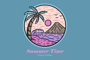 zomertijd badges met zonsondergang en golf kokospalm en surf strand paradijs eiland hemel
