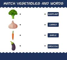 match cartoon groenten en woorden. bijpassende spel. educatief spel voor kleuters en peuters vector