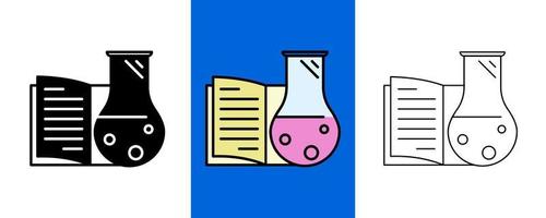 scheikunde reageerbuis met boek logo en icon set. silhouet, gekleurde en lineaire icon set. chemie lab lijn pictogrammen. chemische formule, microscoop en medische analyse. bewerkbare regel. vector