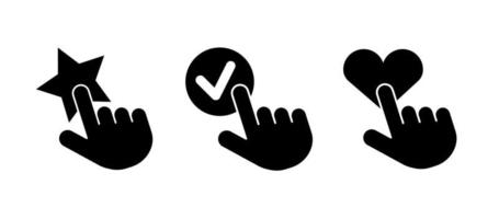 duim wat betreft ster, hart en vinkje. handmatige klik-aanraking vector icon set. silhouet pictogramserie. logo-web, pictogram ontwerpelement.