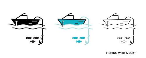 vissen vanaf de boot icon set. dit pictogram is het pictogramsymbool dat de vis toont die vanaf de boot is gevangen. bewerkbare pictogramserie. visclub of online webshop creatieve vector lijntekeningen.