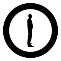 man staat gekleed in werkkleding overall en kijkt recht pictogram zwarte kleur vector in cirkel ronde illustratie vlakke stijl afbeelding