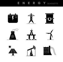 energie ontwerp pictogramserie. set van silhouet energie icoon. natuurlijke energie typen vectorillustratie op achtergrond voor uw web mobiele applicatie logo ontwerp. moderne bewerkbare kalligrafie.