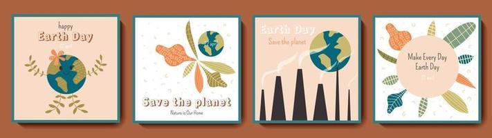 gelukkige moeder aarde dag groet vierkante kaartenset. ecologie en milieubescherming achtergronden met planeet, bladeren, pijpen. kleur vectorsjablonen voor social media post, flyer, briefkaartontwerp vector