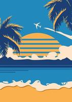 retro vintage stijl zomerposter met palmbomen zee in de ondergaande zon met een vliegend vliegtuig vector
