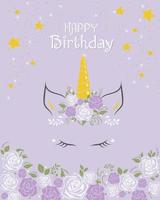 schattig eenhoorngezicht met een bloem op paarse en roze kleuren. leuke verjaardagsuitnodiging voor kinderen. eenhoorn hoofd. vector illustratie