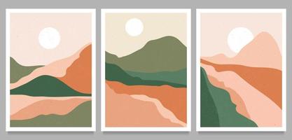 berg, bos, heuvel, golf, zon en maan op grote set. halverwege de eeuw moderne minimalistische kunstdruk. abstracte hedendaagse esthetische achtergronden landschap. vectorillustraties vector