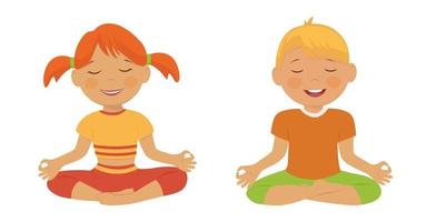 kinderen meditatie. kinderyoga, ontspannen, ademhalingslessen. vectorillustratie catoon. vector