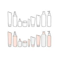 hand getekende vectorillustratie van lege sjabloon huidverzorging set.plastic cosmetische pot product. vector