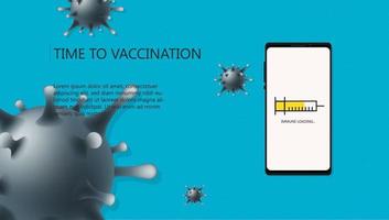 covid-19 vaccinatiecampagne bewustzijn op smartphone-app die mensen screent die in afwachting zijn van gevaccineerd op blauwe achtergrond. gezondheids- of digitaal vaccinpaspoortconcept. vector