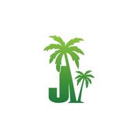 letter j-logo en kokospalm pictogram ontwerp vector