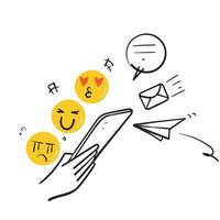 hand getrokken doodle hand met telefoon en stuur emoticon met chat of tekst op sociale media illustratie vector