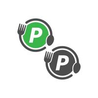 vork en lepel pictogram cirkelen letter p logo ontwerp vector