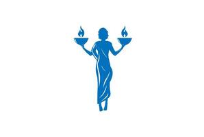 Griekse vrouw godin met vuurschaal weegschaal voor rechtvaardigheid wet logo ontwerp vector