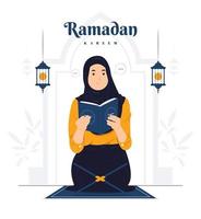 vrouw bidt en leest koran op ramadan kareem concept illustratie vector