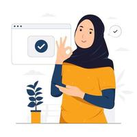 glimlachend moslimmeisje met mobiele telefoon die hijab draagt en staat terwijl duimen omhoog positief gebaar, ok teken en gebarentaal concept illustratie tonen vector