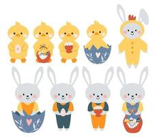 set kawaii schattige konijntjes, konijnen en kippen, eendjes. gelukkig Pasen. charmante clipart voor ansichtkaarten, prenten, banners, sjablonen, sociale media en web. cartoon vectorillustratie. vector