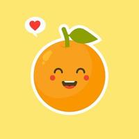 oranje schattig en kawaii fruit stripfiguur geïsoleerd op kleur achtergrond vector. grappige positieve en vriendelijke oranje emoticon gezichtspictogram. happy smile cartoon gezicht eten, komische fruitmascotte vector