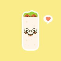 leuke en kawaii grappige lachende gelukkige burrito. Mexicaans eten platte ontwerp vectorillustratie. traditionele Mexicaanse maaltijd, fastfood. heldere en positieve clipart, compositie. vector