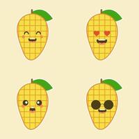 leuke en kawaii platte cartoon mango illustratie. vectorillustratie van schattige mango met smilling expressie. schattig mango mascotte ontwerp vector