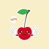 schattig en kawaii cherry characters.fruit ontwerp met cherry vector characters.cute kersen karakter, cherry cartoon vectorillustratie. schattig fruit vector teken geïsoleerd op een achtergrond in kleur.