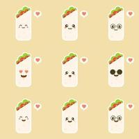 leuke en kawaii grappige lachende gelukkige burrito. Mexicaans eten platte ontwerp vectorillustratie. traditionele Mexicaanse maaltijd, fastfood. heldere en positieve clipart, compositie. vector