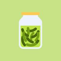 augurken komkommers in glazen pot met merklabel. biologisch product. ingeblikt voedsel. geïsoleerd plat vectorontwerp voor productreclame in winkel of supermarkt vector