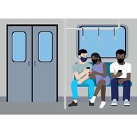 mensen van verschillende nationaliteiten in maskers met telefoons in hun handen in de metro, twee jongens en een meisje, platte vector