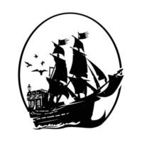 zwarte piratenschip silhouet vector pictogram illustratie