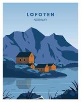 lofoten Noorwegen landschap background.bay weergave met gebouwen vector illustratie. geschikt voor poster, ansichtkaart, kunstdruk.