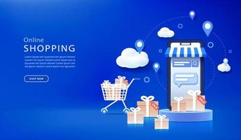 achtergrond voor website of mobiele app. online winkelen met 3D-smartphone op blauwe achtergrond vector