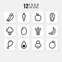 set van lineaire iconen van groenten, vlees en fruit voor een gezond dieet. vector
