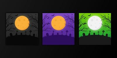 set spookachtige achtergronden in verschillende kleuren met silhouet van een kerkhof, bomen en vleermuizen. vector