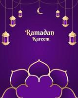 ramadan kareem posters of uitnodigingsontwerp met islamitische lantaarns en ornament, op paarse achtergrond vector