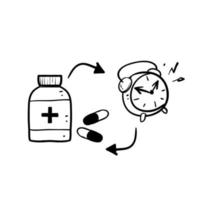 hand getrokken doodle geneeskunde en klok met cirkelvormige pijl symbool voor geneeskunde tijd illustratie vector geïsoleerd