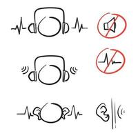 hand getrokken doodle oor en hoofdtelefoon met geluidsgolf blok illustratie vector geïsoleerd icon