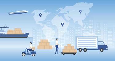 wereldwijd logistiek distributienetwerk. export, import, magazijn, transport. bedrijfslogistiek, verzending per vrachtwagen, vliegtuig, motor vectorillustratie vector