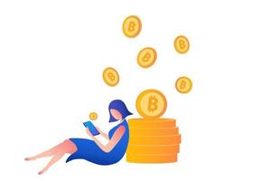 cryptocurrency en blockchain-concept, man koopt en verkoopt bitcoins op smartphone, financieel en investeringen in digitale activa, vectorillustratie vector