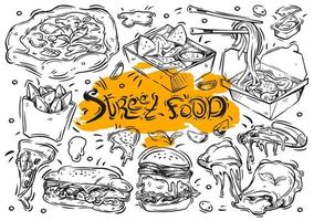 hand getrokken lijn vectorillustratie op witte achtergrond. doodle collectie street food menu, burger, sandwich, noedels, pizza, nacho's, aardappelpartjes, calzone, saus vector