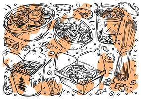 handgetekende lijn vectorillustratie op wit bord. schetsen van voedsel. doodle soorten noedels, soba, funchose, udon, ramen, wok, pasta, ingrediënten vector