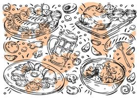 hand getrokken lijn vectorillustratie op witte achtergrond. doodle Tsjechische keuken, eten, bier, vlees, worstjes, drumstick, tartaar steak, roomsoep met champignons, tomaten vector