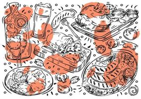 hand getrokken lijn vector illustratie voedsel op wit bord. doodle Duitse keuken, worst, kartoffelpuffer, brezel, schnitzel, strudel, bier, ei, stol