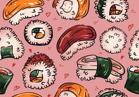 handgetekende verschillende sushi, nigiri, gunkan, onigiri, zeevruchten. gekleurde vector naadloze patroon. roze achtergrond. Japan, Koreaans, Aziatisch eten. rijst, vis, kaviaar.