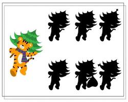 een logisch spel voor kinderen. vind de juiste schaduw. een tijger draagt een kerstboom. vector