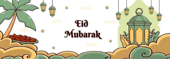 eid mubarak-sjabloon voor spandoek met lantaarn concept. handgetekende en vlakke stijl vector